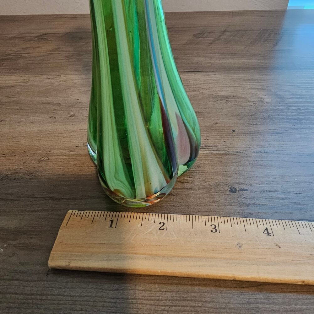 Vintage MCM Hand Blown Glass Stretch Bud Vase 10.5" Green Art Decor 1960s Mod - Picture 15 of 15